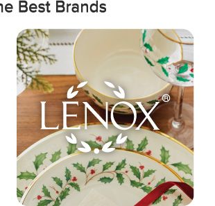 An image of holiday dinnerware and the Lenox logo. 