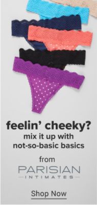 Six pairs of thong underwear in an assortment of colors. Feelin' cheeky? Mix it up with not-so-basic basics from Parisian Intimates. Shop now. 