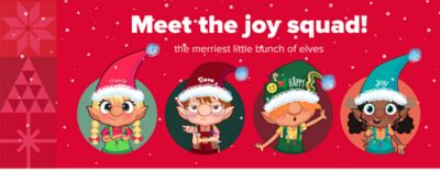 Animated elves are in different colored circles in front are in front of a red background with snowflakes. Meet the joy squad! the merriest little bunch of elves. 