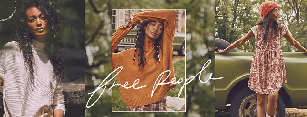 Image of one woman in three separate outfits with the Free People logo over it. White sweater layered over a turtleneck. Orange turtleneck and plaid pants. Paisley red and white dress and orange beanie.