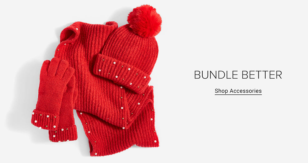 Matching red scarf, beanie and gloves with pearl detailing. Bundle better. Shop Accessories