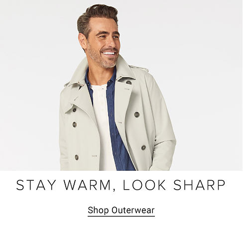 Man wearing a beige pea coat. Stay warm, look sharp. Shop outerwear. 