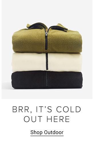 Stack of zip-up sweatshirts. Brr its cold out here. Shop outdoor