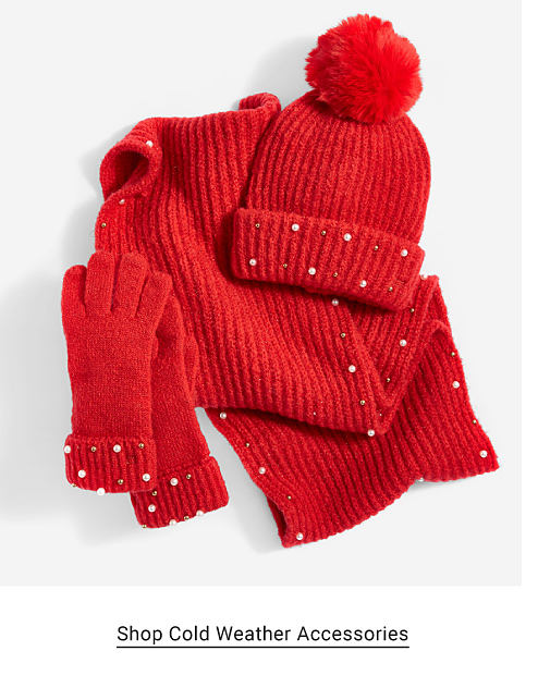 Make spirits bright. A red toboggan, scarf and gloves. Gold earbuds. Shop Cold Weather Accessories. 