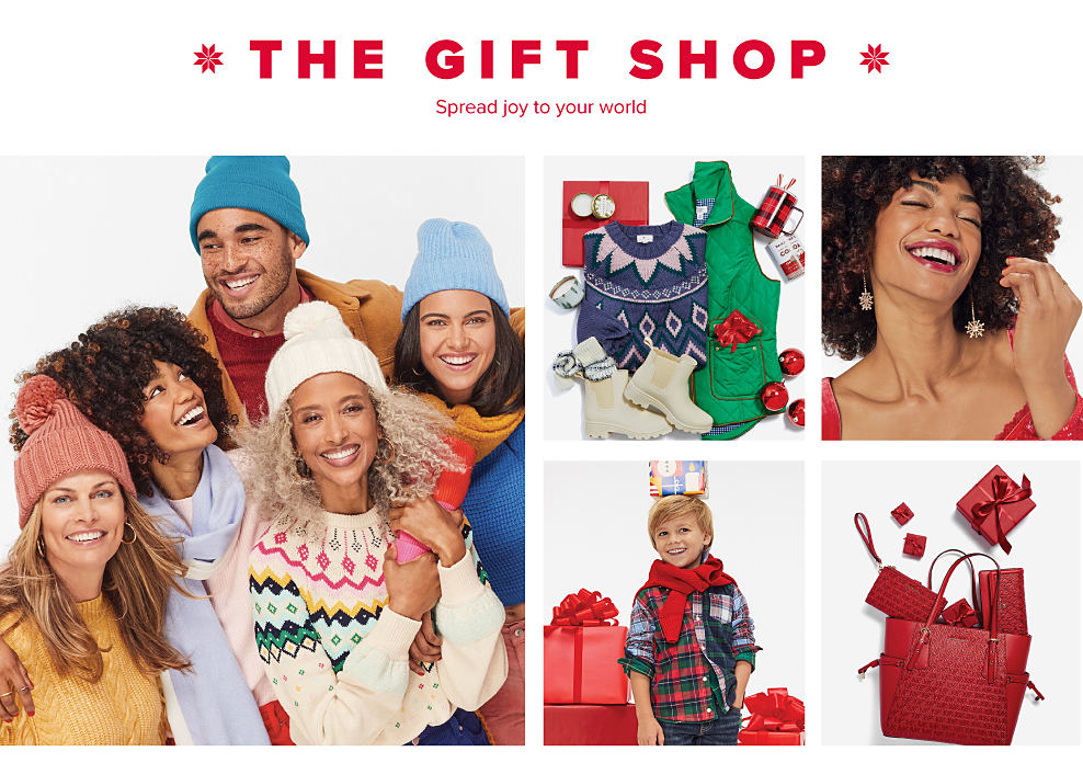 The Gift Shop. Spread joy to your world. A group of people in bright winter sweaters and toboggans. Christmas outerwear. A boy in a plaid shirt with a sweater around his next, standing by boxes of presents. 
