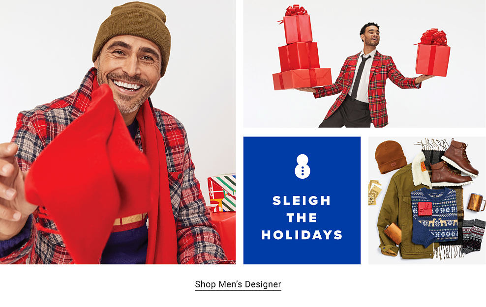 A man with a brown toboggan and plaid blazer. Men's sweaters, toboggans, boots and other gifts. Sleigh the Holidays. Shop Men's Designer. 