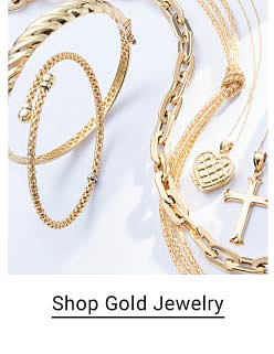 An image of a variety of gold jewelry. Shop gold jewelry. 