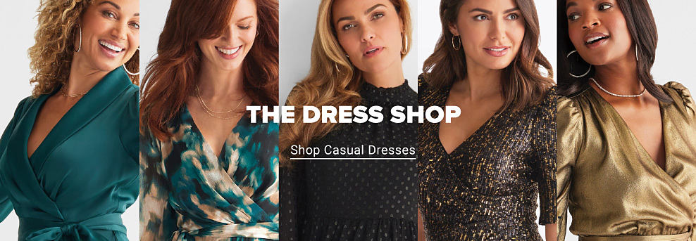 Five images of women wearing dresses. The dress shop. Shop casual dresses.