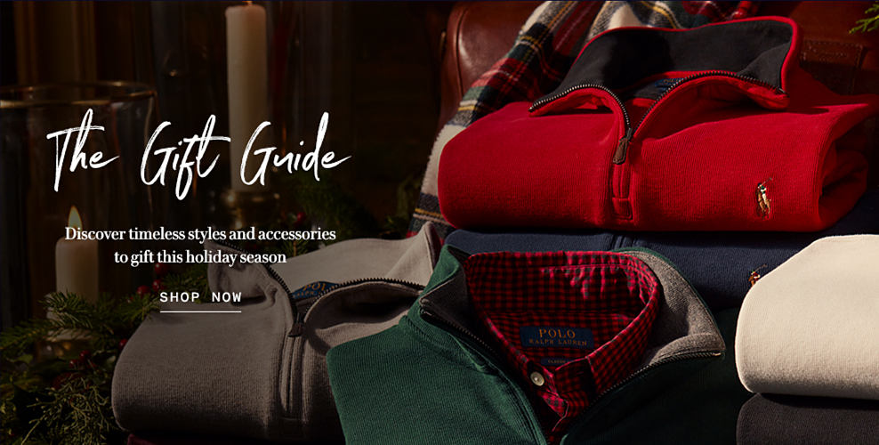 The Gift Guide. Discover timeless styles and accessories to gift this holiday season. Shop now. An image of a stack of mock-neck Polo Ralph Lauren pullovers and sweaters.