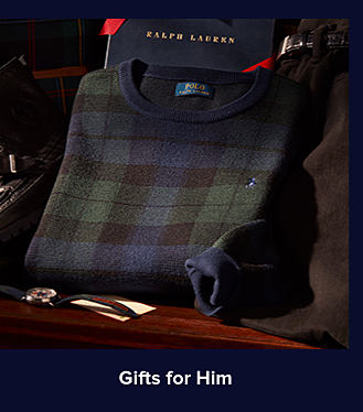 An image of a blue, black, and green check-printed sweater. Shop gifts for him.