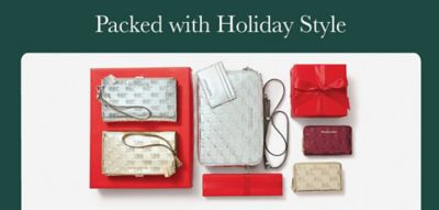 An image featuring a variety of handbags. Packed with holiday style. 