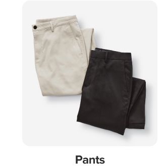 Image of khaki pants and black pants. Shop pants.