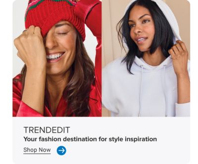 TRENDEDIT. Your fashion destination for style inspiration. Image of woman in red hat and lounge outfit. Image of woman in white hoodie. Shop now.