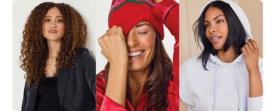 Image of woman in black. Image of woman in red hat and lounge outfit. Image of woman in white hoodie.