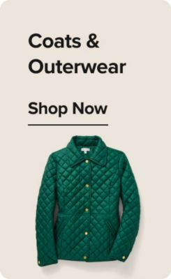Coats and outerwear. Shop now. A green women’s coat with gold buttons.