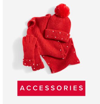 A set of red gloves, scarf and toboggan. Shop accessories. 