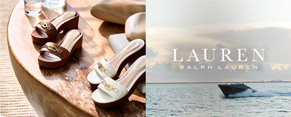 Two pairs of formal platform sandals in brown and white leather. Lauren Ralph Lauren. An image of a boat. 