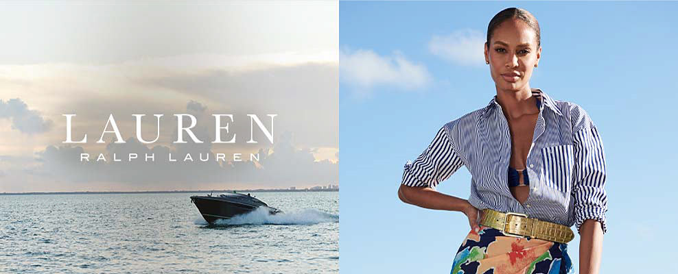 Lauren Ralph Lauren logo over image of a boat. A woman in a blue and white striped button down with a multicolored skirt. 