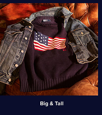 A sweater with an American flag on it and a denim jacket. Shop big and tall.