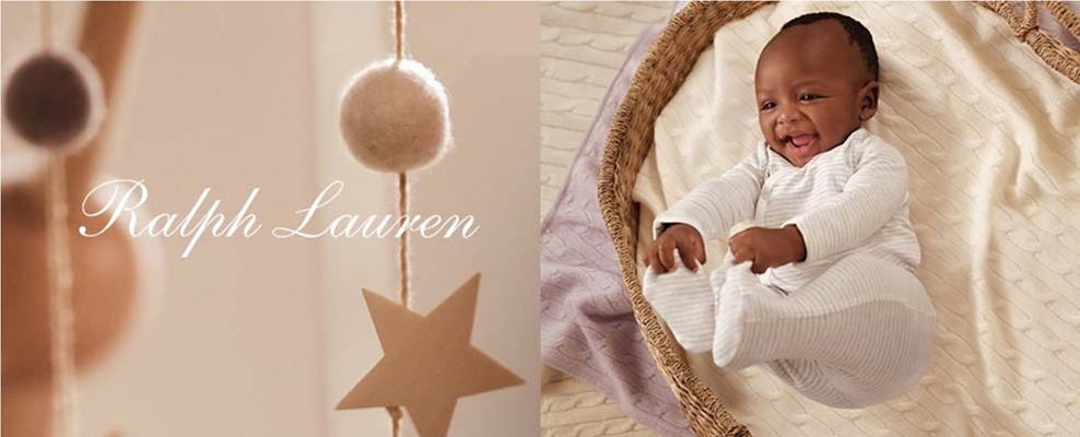 Ralph Lauren over an image of children's hanging decorations. A happy baby in a onesie. 
