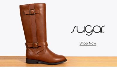 Image of 2 booties in black and light brown. Sugar logo. Shop Now.