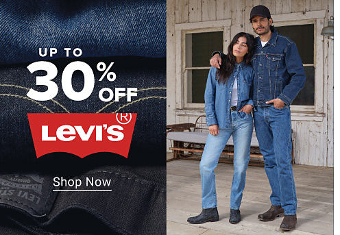 A man in a plaid Levi's coat. A woman in a denim Levi's coat. Up to 40% off Levi's. Shop now. Select styles. 