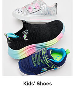 An image of a variety of multi-colored sneakers. Shop kids' shoes.
