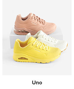 An image of yellow sneakers, white sneakers, and pink sneakers. Shop Uno.