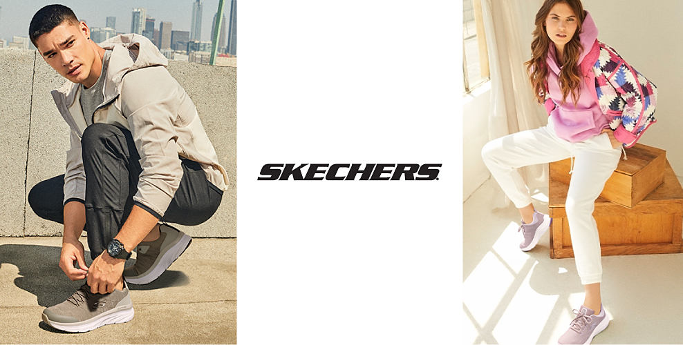 Skechers. An image of a man in a tan jacket, black pants, and sneakers. An image of a woman in a printed hoodie, white pants, and sneakers.