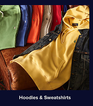 An image of multi-colored hoodies and a jacket. Shop hoodies and sweatshirts.