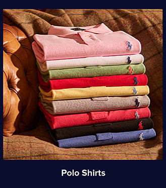 An image of a stack of multi-colored polo shirts. Shop Polo Shirts.