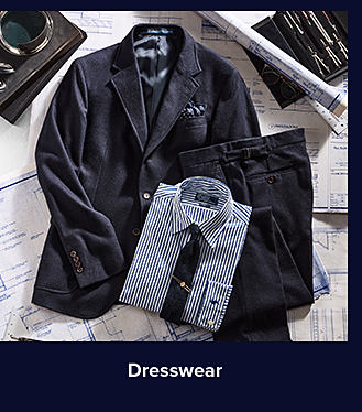 An image of a sportscoat, a button-down shirt with a tie, and dress pants. Shop dresswear.