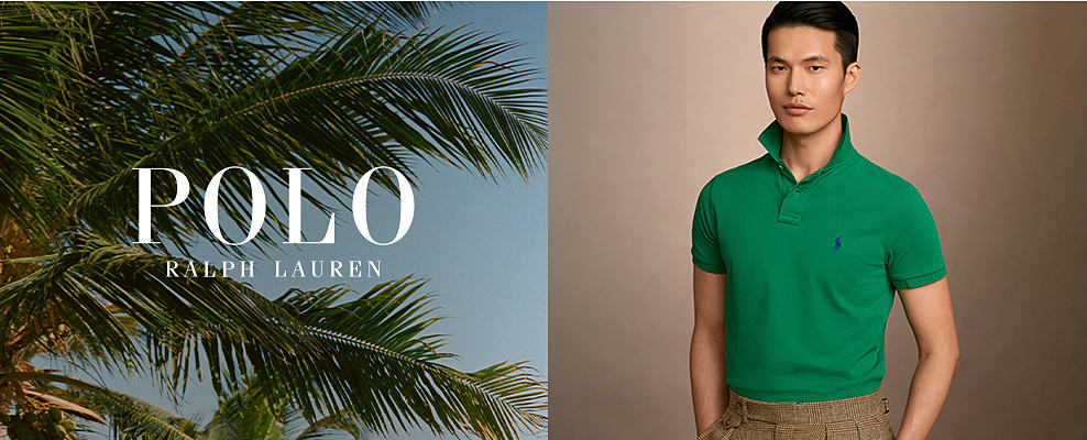 Polo Ralph Lauren. An image of a man in a green polo shirt and brown pants. Shop men's clothing.