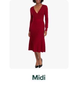 Woman wearing a red midi dress. Midi.