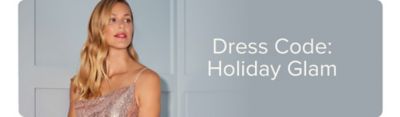 Image of a woman wearing a sparkly dress. Dress code, holiday glam.