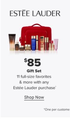 A red Estee Lauder bag and various beauty products. $85 gift set. 11 full size favorites and more with any Estee Lauder purchase. While supplies last. Shop now.