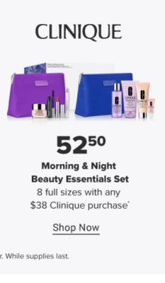 An image of two makeup bags with a variety of makeup and skincare products. Clinique. $52.50, morning and night essentials set. 8 full sizes with any $38 Clinique purchase. Shop now. While supplies last.
