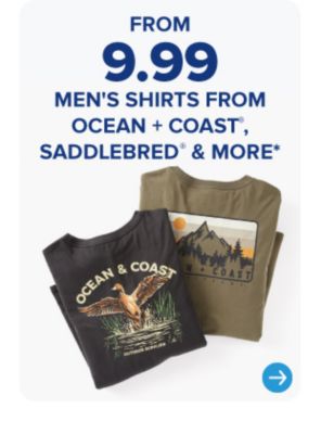 Two men's tee shirts. From 9.99 men's shirts from Ocean and Coast, Saddlebred and more.