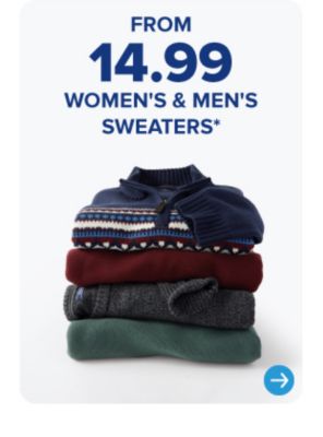 A stack of men's sweaters. From 14.99 women's and men's sweaters.