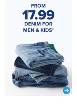 A stack of folded jeans. From 17.99 denim for men and kids.