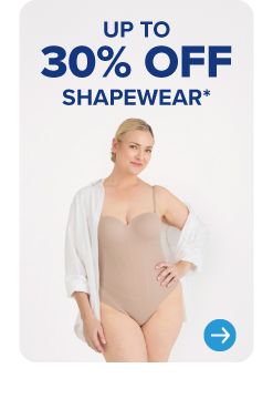 Image of a woman wearing a beige bodysuit. 30% off shapewear.