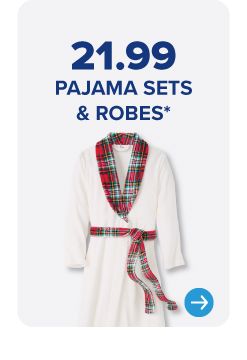 Image of a white and plaid robe. $21.99 pajama sets and robes.