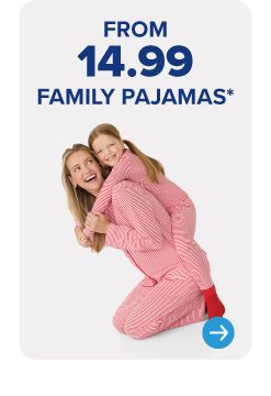 Image of a woman and young girl wearing matching pink pajamas. From $14.99 family pajamas.