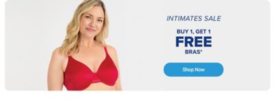 Image of a woman wearing a red bra. Intimates sale. Buy 1, get 1 free bras. Shop now.