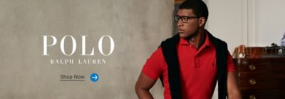 Image of a man wearing a red polo shirt. Polo Ralph Lauren logo, Shop now.