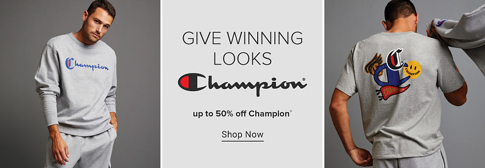 An image of a man in a gray Champion long sleeve shirt. An image of a man in a Champion tee shirt. Give winning looks. Champion. Up to 50% off Champion. Shop now. 