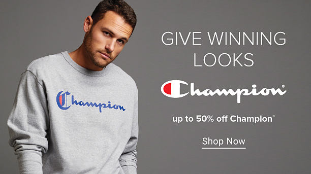 An image of a man in a gray Champion long sleeve shirt. An image of a man in a Champion tee shirt. Give winning looks. Champion. Up to 50% off Champion. Shop now.