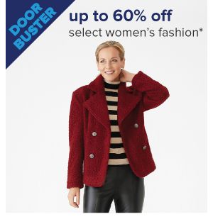 A woman in a red coat. Doorbuster, up to 60% off select women's fashion.