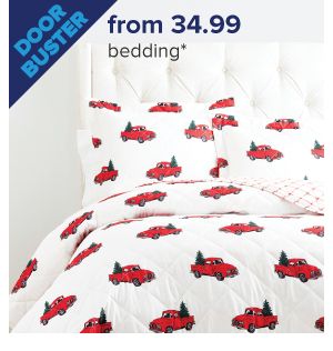 A bedding set with a red truck carrying a Christmas tree. Doorbuster, from 34.99 bedding.
