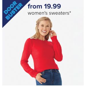 A woman in a red shirt. Doorbuster, from 19.99 women's sweaters.